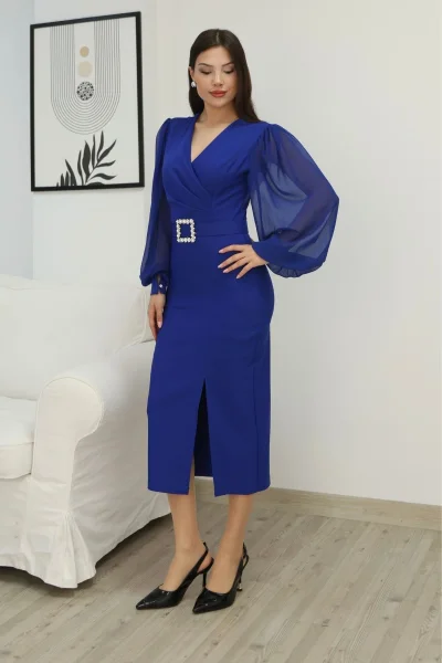 Kruvaze Yaka Balon Kollu Yırtmaçlı Abiye Elbise 2315-Saks