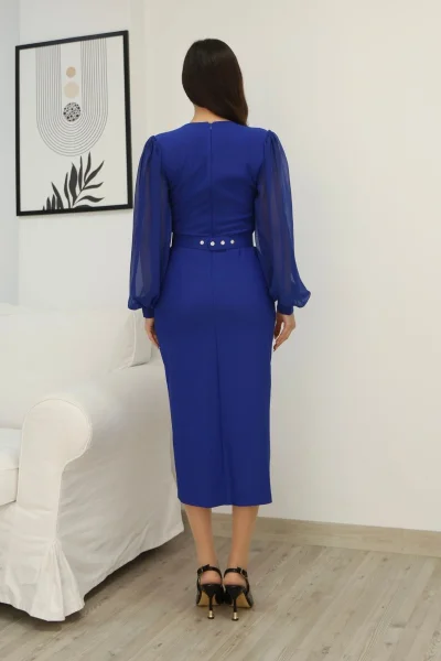 Kruvaze Yaka Balon Kollu Yırtmaçlı Abiye Elbise 2315-Saks