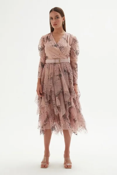 Kruvaze Yaka Baskılı Tül Abiye Elbise 1773-Pudra