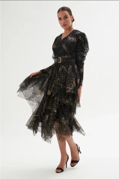 Kruvaze Yaka Baskılı Tül Abiye Elbise 1773-Siyah