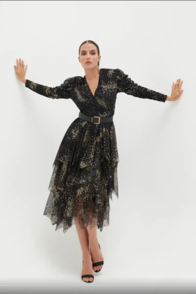 Kruvaze Yaka Baskılı Tül Abiye Elbise 1773-Siyah