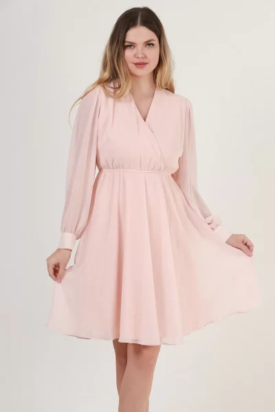 Kruvaze Yaka Bel Lastikli Şifon Elbise 1782-Krem