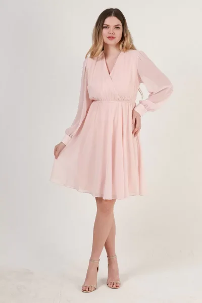 Kruvaze Yaka Bel Lastikli Şifon Elbise 1782-Krem