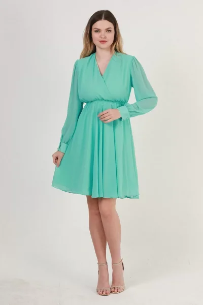 Kruvaze Yaka Bel Lastikli Şifon Elbise 1782-Mint Yeşili