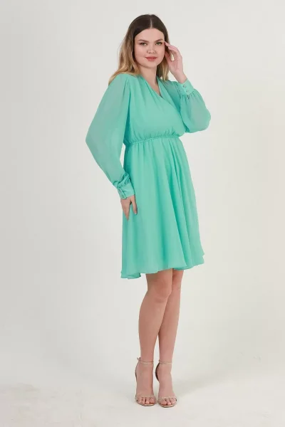 Kruvaze Yaka Bel Lastikli Şifon Elbise 1782-Mint Yeşili