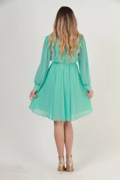 Kruvaze Yaka Bel Lastikli Şifon Elbise 1782-Mint Yeşili