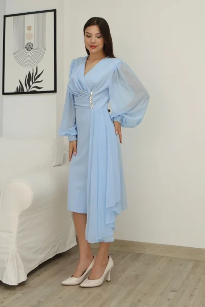 Kruvaze Yaka Bel Şifon Detaylı Balon Kol Abiye Elbise 2263-Bebe Mavisi