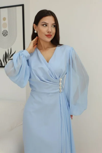 Kruvaze Yaka Bel Şifon Detaylı Balon Kol Abiye Elbise 2263-Bebe Mavisi