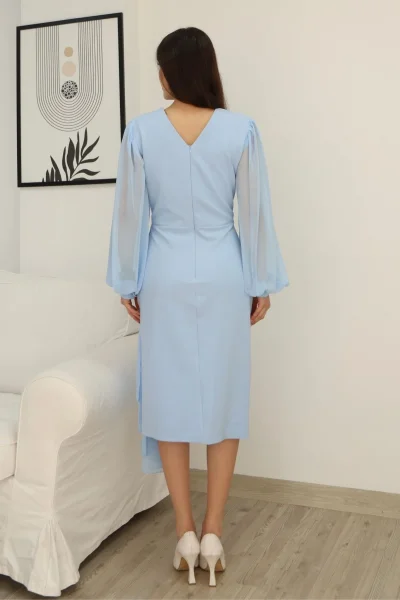 Kruvaze Yaka Bel Şifon Detaylı Balon Kol Abiye Elbise 2263-Bebe Mavisi