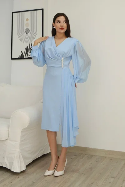 Kruvaze Yaka Bel Şifon Detaylı Balon Kol Abiye Elbise 2263-Bebe Mavisi