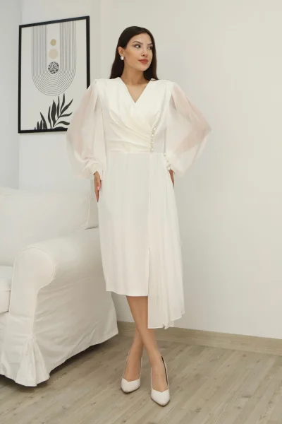Kruvaze Yaka Bel Şifon Detaylı Balon Kol Abiye Elbise 2263-Beyaz