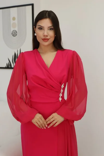 Kruvaze Yaka Bel Şifon Detaylı Balon Kol Abiye Elbise 2263-Fuşya