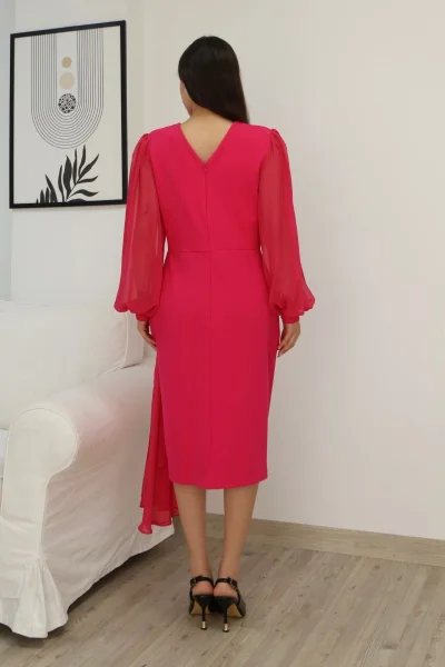 Kruvaze Yaka Bel Şifon Detaylı Balon Kol Abiye Elbise 2263-Fuşya
