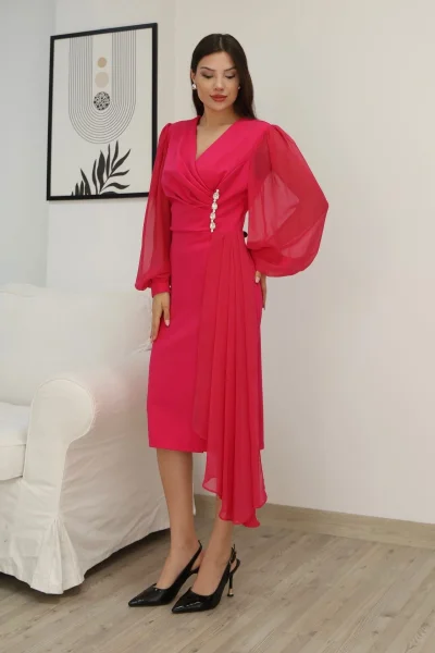 Kruvaze Yaka Bel Şifon Detaylı Balon Kol Abiye Elbise 2263-Fuşya