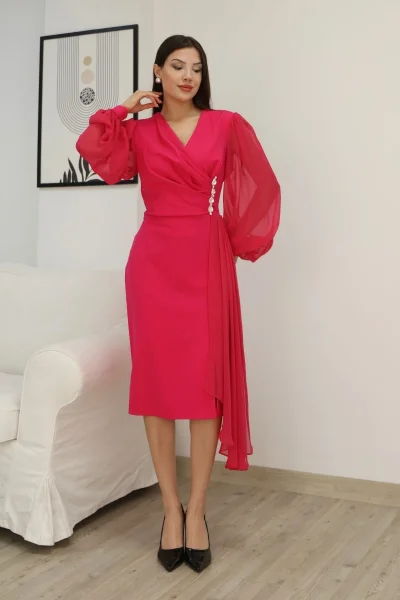 Kruvaze Yaka Bel Şifon Detaylı Balon Kol Abiye Elbise 2263-Fuşya