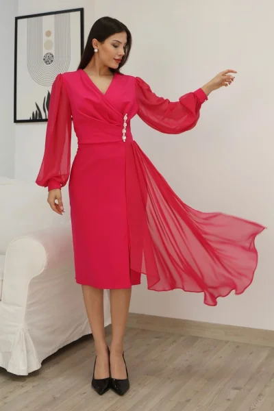 Kruvaze Yaka Bel Şifon Detaylı Balon Kol Abiye Elbise 2263-Fuşya