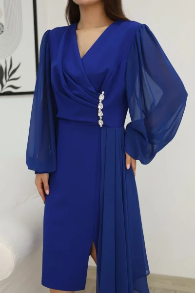 Kruvaze Yaka Bel Şifon Detaylı Balon Kol Abiye Elbise 2263-Saks