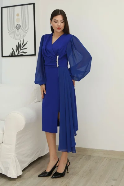 Kruvaze Yaka Bel Şifon Detaylı Balon Kol Abiye Elbise 2263-Saks