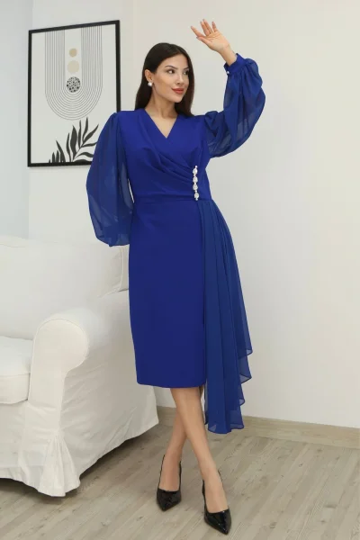 Kruvaze Yaka Bel Şifon Detaylı Balon Kol Abiye Elbise 2263-Saks