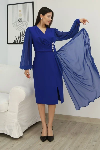 Kruvaze Yaka Bel Şifon Detaylı Balon Kol Abiye Elbise 2263-Saks