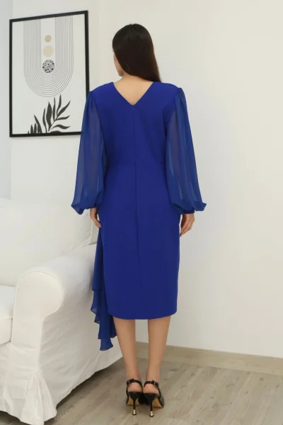 Kruvaze Yaka Bel Şifon Detaylı Balon Kol Abiye Elbise 2263-Saks