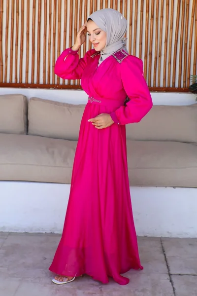Kruvaze Yaka Bocuk İşlemeli Tesettür Elbise 745-Fuşya