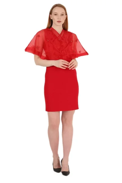 Kruvaze Yaka İnci İşlemeli Elbise 2203-Kırmızı