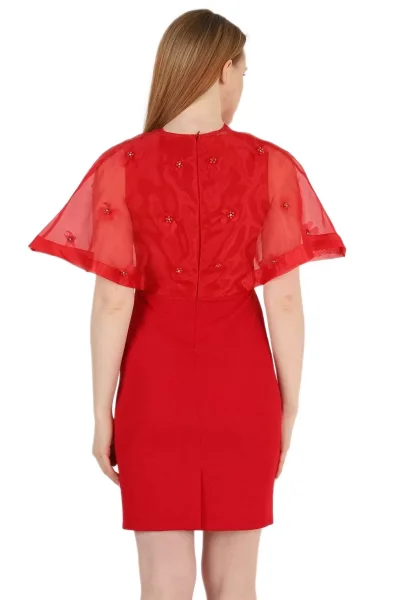 Kruvaze Yaka İnci İşlemeli Elbise 2203-Kırmızı