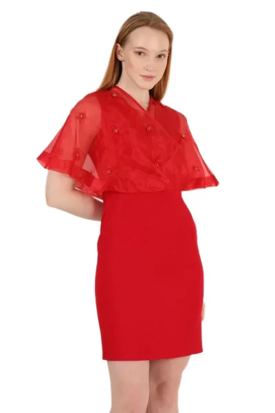 Kruvaze Yaka İnci İşlemeli Elbise 2203-Kırmızı