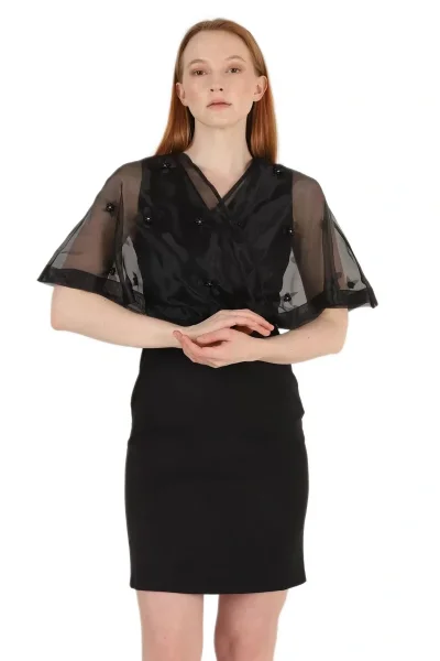 Kruvaze Yaka İnci İşlemeli Elbise 2203-Siyah