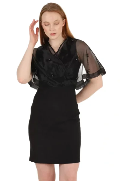 Kruvaze Yaka İnci İşlemeli Elbise 2203-Siyah