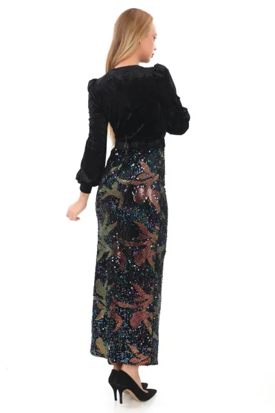 Kruvaze Yaka Payetli Kadife Elbise 2750-Siyah/Bakır