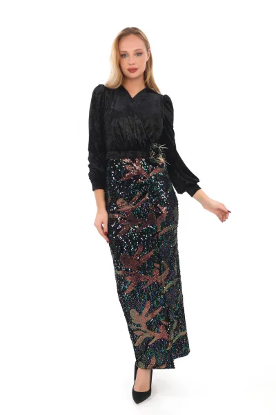 Kruvaze Yaka Payetli Kadife Elbise 2750-Siyah/Bakır