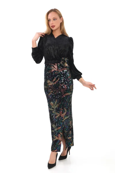 Kruvaze Yaka Payetli Kadife Elbise 2750-Siyah/Bakır