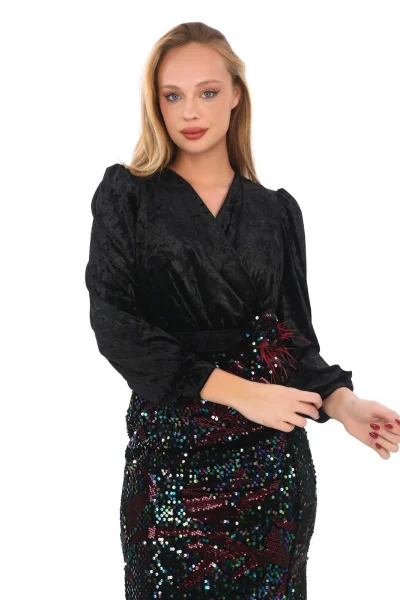 Kruvaze Yaka Payetli Kadife Elbise 2750-Siyah/Bordo