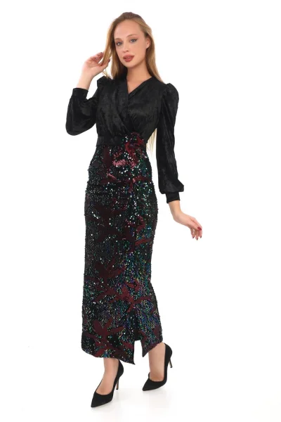 Kruvaze Yaka Payetli Kadife Elbise 2750-Siyah/Bordo