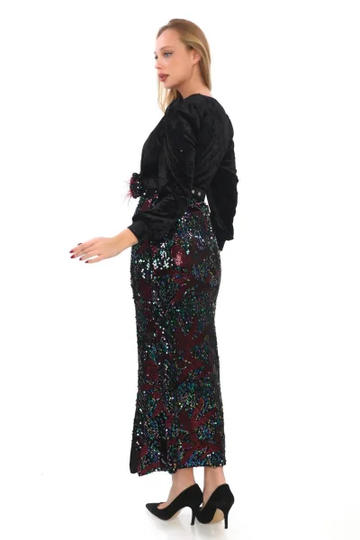 Kruvaze Yaka Payetli Kadife Elbise 2750-Siyah/Bordo