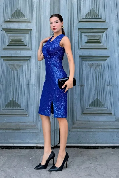 Kruvaze Yaka Payetli Midi Elbise 6031-Gece Mavisi
