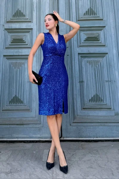 Kruvaze Yaka Payetli Midi Elbise 6031-Gece Mavisi