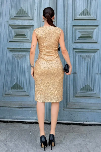 Kruvaze Yaka Payetli Midi Elbise 6031-Gold