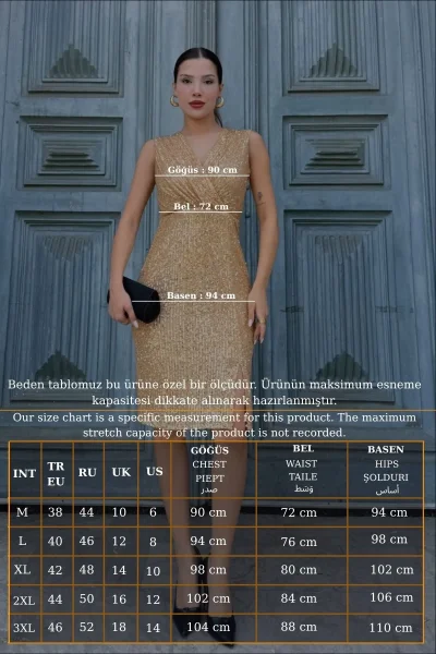 Kruvaze Yaka Payetli Midi Elbise 6031-Gold