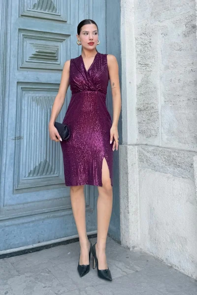 Kruvaze Yaka Payetli Midi Elbise 6031-Mürdüm