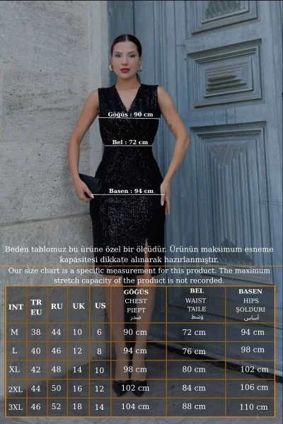 Kruvaze Yaka Payetli Midi Elbise 6031-Siyah