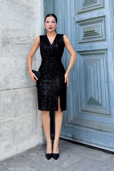 Kruvaze Yaka Payetli Midi Elbise 6031-Siyah