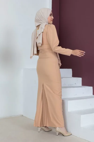 Kruvaze Yaka Tesettür Kalem Elbise 768-Camel