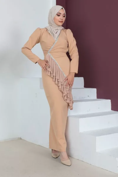 Kruvaze Yaka Tesettür Kalem Elbise 768-Camel
