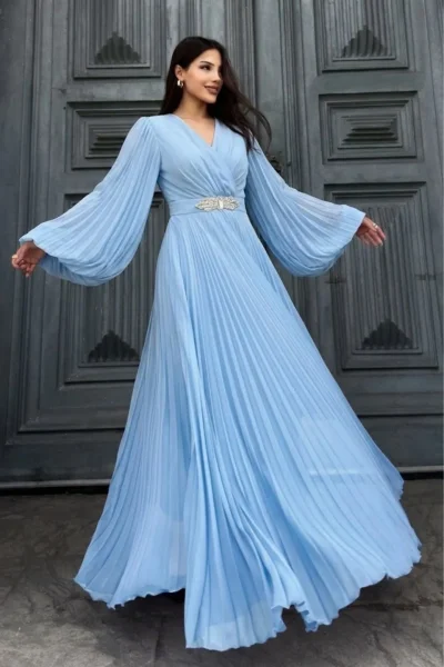 Kruvaze Yaka Yarasa Kol Pliseli Abiye Elbise 2235-Bebe Mavisi