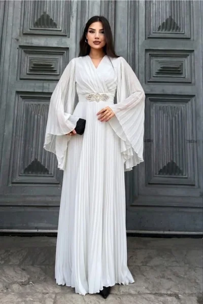 Kruvaze Yaka Yarasa Kol Pliseli Abiye Elbise 2235-Beyaz