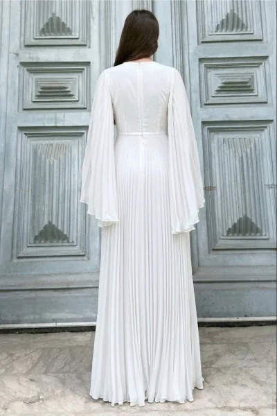 Kruvaze Yaka Yarasa Kol Pliseli Abiye Elbise 2235-Beyaz