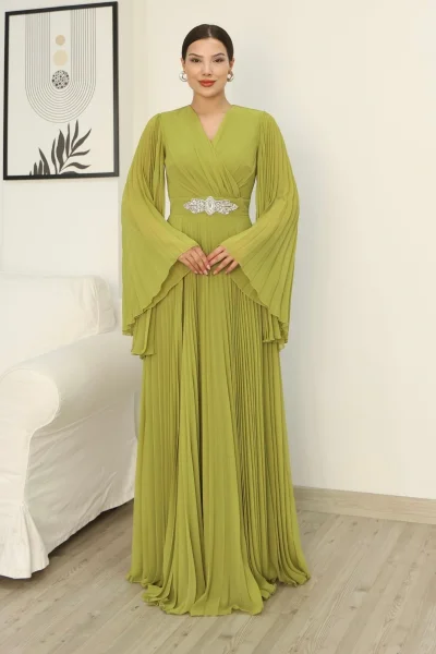 Kruvaze Yaka Yarasa Kol Pliseli Abiye Elbise 2235-Fıstık Yeşili